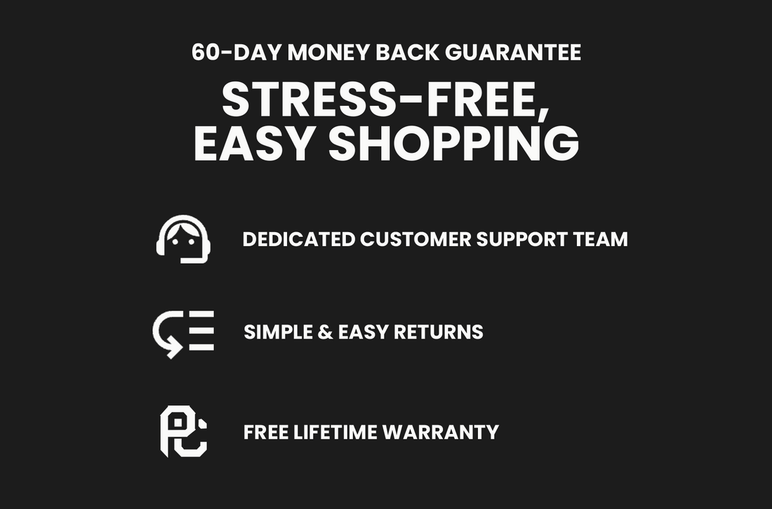 Stress-free, easy shopping — 60-day money back guarantee, dedicated customer support team, simple & easy returns, free lifetime warranty